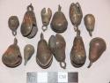 Metal bells, pear shape with rimmed lips; copper bells