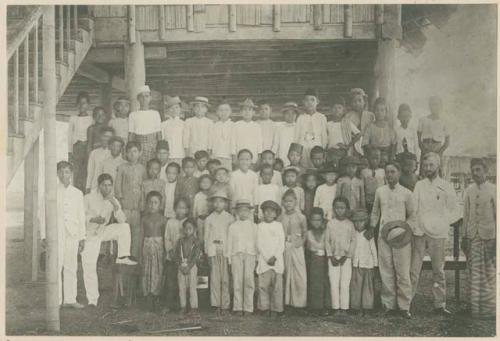 Moro school house and pupils at Jolo