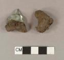 Crown finish aqua bottle glass fragments with iron bottle cap attached; two fragments crossmend