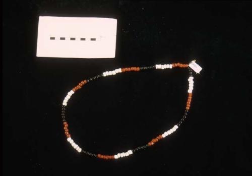 String of trade beads in black, white and brick red.