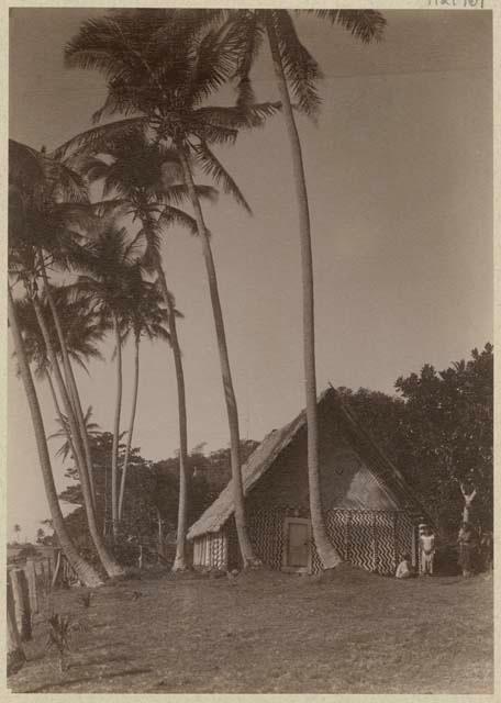 Small group in front of A-frame house with woven pattern