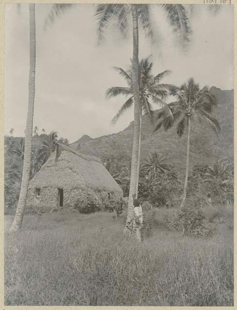 Person in front of thatched structure