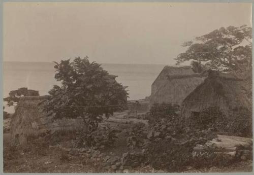 Thatched buildings, stone fence, log piles