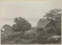 Thatched buildings, stone fence, log piles