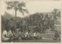 Men seated in clearing, thatch buildings and jungle in background