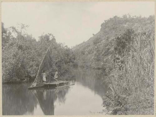 People on outrigger canoe on the Navua River in Viti Levu Island, Fiji