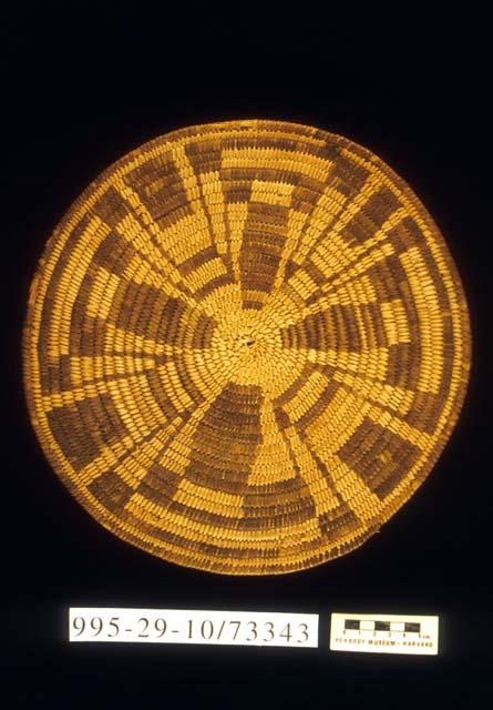 Coiled circular open weave tray of cattail reed