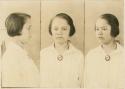 Studio portrait of a woman, three views