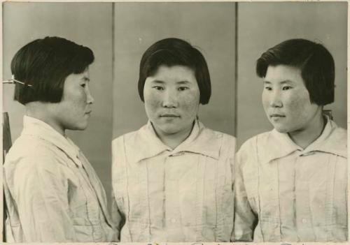 Studio portrait of a woman, three views