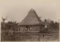 People outside thatched structure