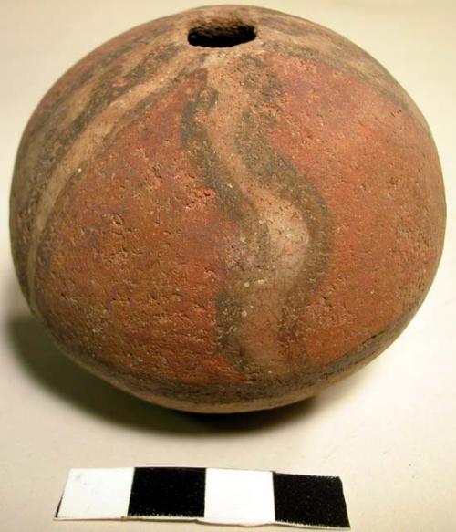 Ceramic jar, round body & base, polychrome exterior, small opening