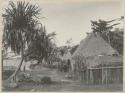 Two thatched structures next to shore