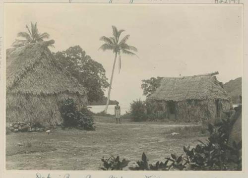 Person standing between two thatched buildings