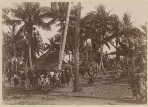 People among trees and thatched structures