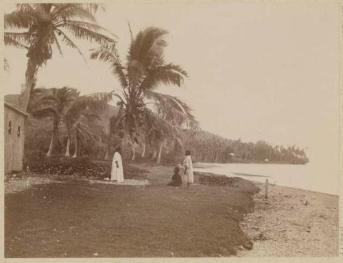 Two people facing another person, on the shore