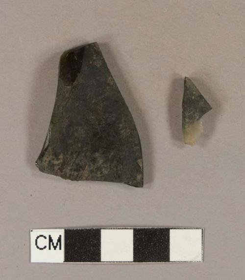 Olive green bottle glass fragments; two fragments crossmend