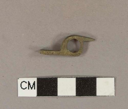 Copper alloy decorative hardware element with hole through one end; possible bracket