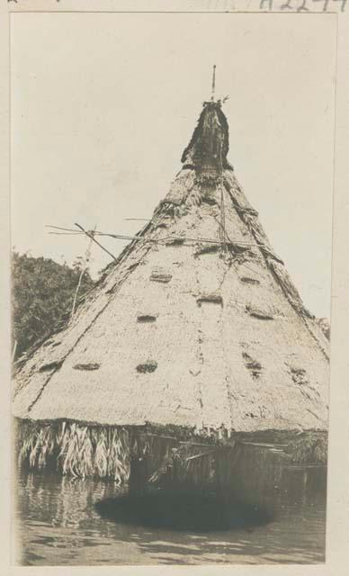 Thatched, pointed structure on stilts, possibly pile dwelling