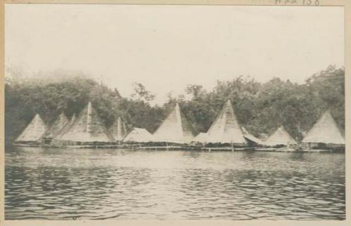 Thatched, pointed pile dwellings along shore