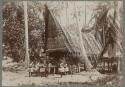 People outside a thatched stilt house
