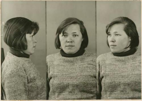 Studio portrait of a woman, three views