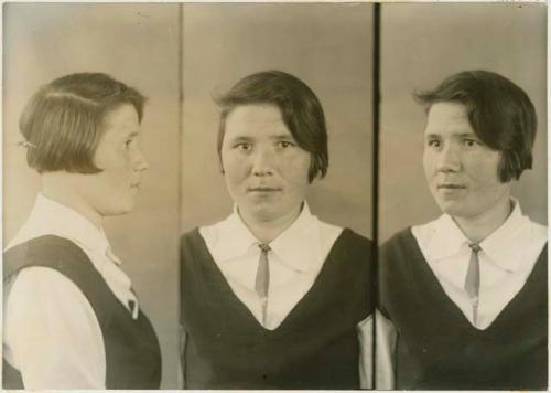 Studio portrait of a woman, three views