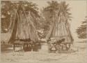 People in front of homes on stilts made with woven palm fronds