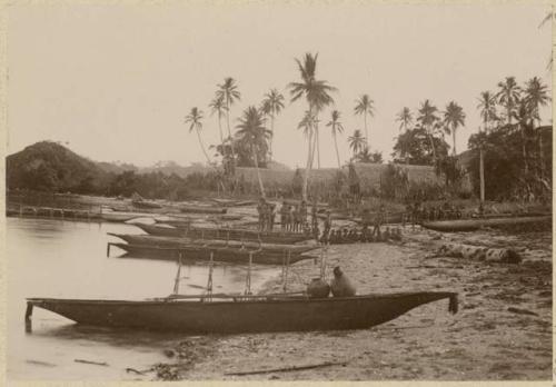 Beach scene with canoes, people, and buildings