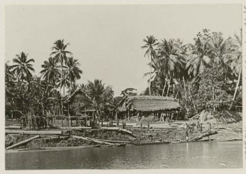 Shoreline with people, logs, and buildings