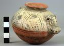 Pottery jar, animal head & tail on sides