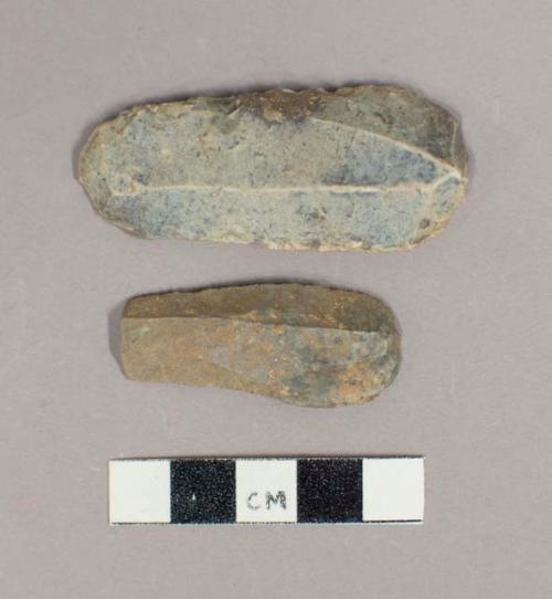 2 flint end scrapers-1 end-of-blade (broken); 1 double-ended