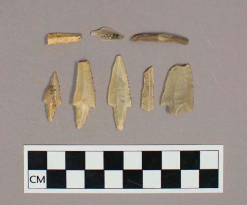 Chipped stone microliths, including blades and stemmed projectile points