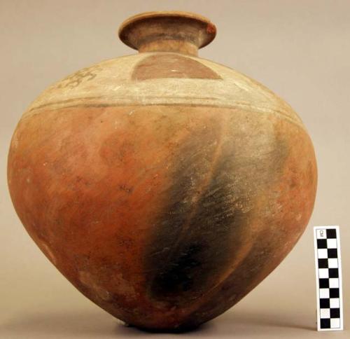 Ceramic jar, elliptical body, tapered round base, polychrome geometric designs