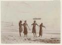 Four boys standing on beach, with ship in background