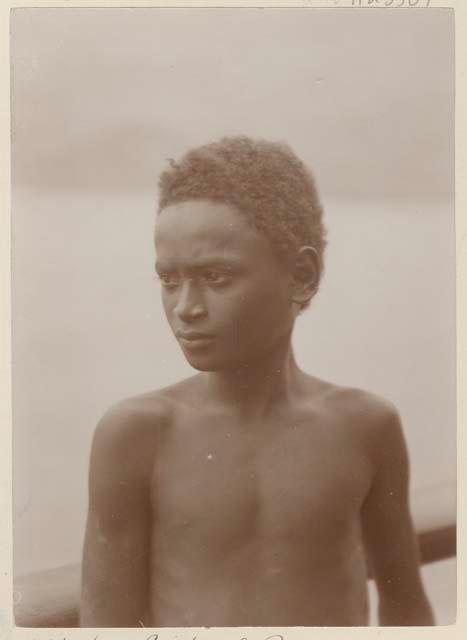 Boy standing against railing of ship or pier