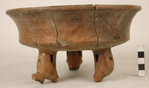 Brown pottery tripod bowl - broken