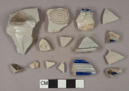 Blue lead glaze, gray salt-glazed stoneware vessel fragment, gray paste, Westerwald type