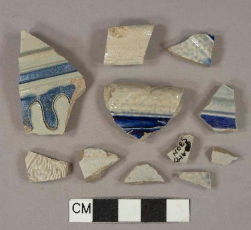 Blue lead glaze, gray salt-glazed stoneware vessel fragment, gray paste, Westerwald type