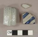 Blue lead glaze, gray salt-glazed stoneware vessel body and handle fragments, gray paste, Westerwald type