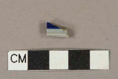 Gray salt glaze and blue lead glaze decorated stoneware vessel body fragment, gray paste, Westerwald type