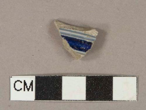 Gray salt glaze and blue lead glaze decorated stoneware vessel body fragment, gray paste, Westerwald type