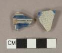 Gray salt glaze and blue lead glaze decorated stoneware vessel body fragment, gray paste, Westerwald type