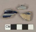 Gray salt glaze and blue lead glaze decorated stoneware vessel body fragment, gray paste, Westerwald type