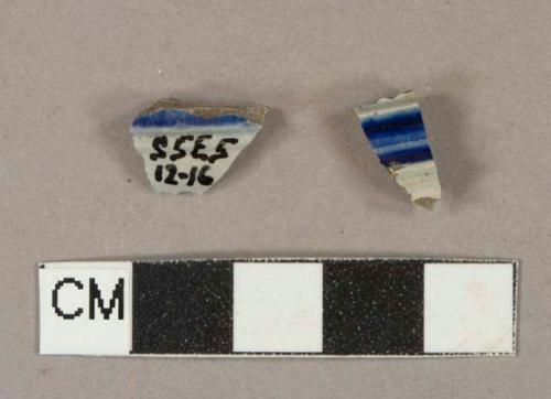 Gray salt glaze and blue lead glaze decorated stoneware vessel body fragment, gray paste, Westerwald type