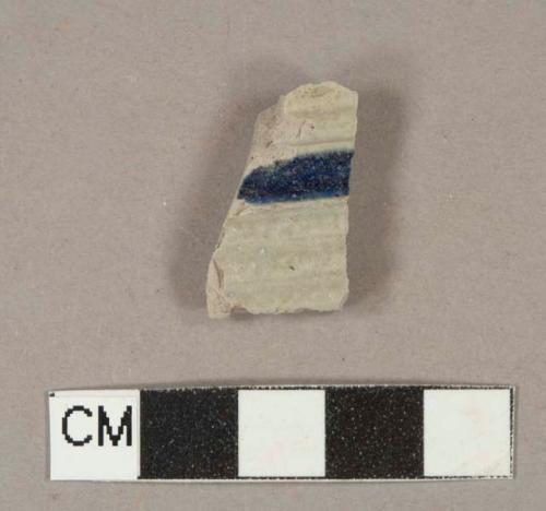 Gray salt glaze and blue lead glaze decorated stoneware vessel body fragment, gray paste, Westerwald type