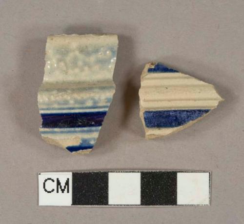 Gray salt glaze and blue lead glaze decorated stoneware vessel body fragment, gray paste, Westerwald type