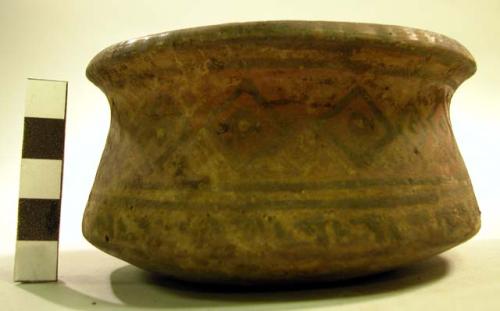 Ceramic, complete vessel, bowl, flanged rim, geometric designs, polished.