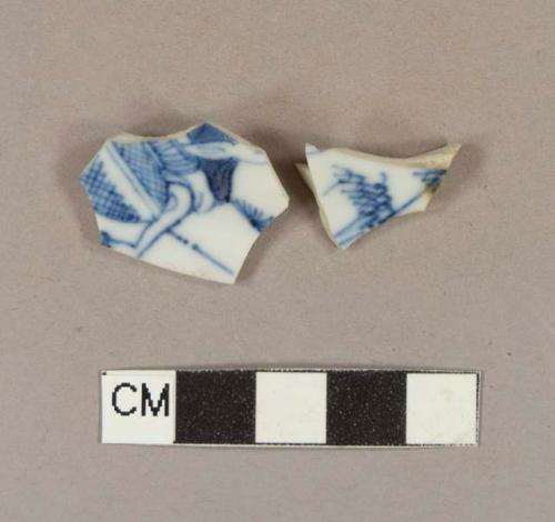 Blue hand painted porcelain base sherds; two sherds crossmend