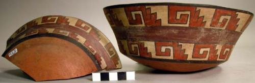 Broken bowl painted in polychrome with step-fret wave motif