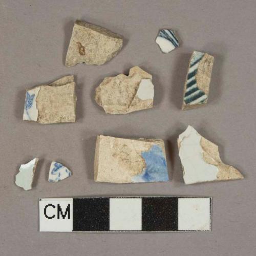 Blue transfer printed earthenware vessel body fragments, white paste